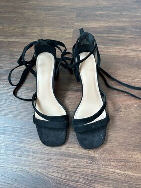 bebe Black Lace-Up Suede Open-Toe Heels
